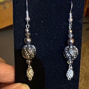 Hand Crafted Silver and Black Beaded Earrings